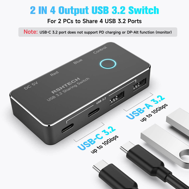 [AUSTRALIA] - RSHTECH USB 3.2/USB C Switch 10Gbps 2 Computers Share 4 USB 3.2 Ports(2 USB-A+2 USB-C), USB Switcher Selector with 2 Cables and Controller for PC Laptop (No Video Output or Charging) 