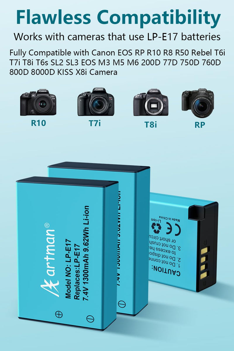 Artman 3-Pack LP-E17 Batteries 1300mAh and 3-Channel LCD Charger Pack for Canon EOS RP R10 R8 R50 Rebel T6i T7i T8i T6s SL2 SL3 EOS M3 M5 M6 200D 77D 750D 760D 800D 8000D KISS X8i Camera 3-Pack*Blue