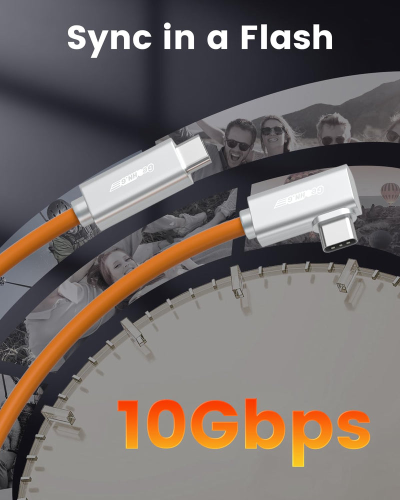 Fiber Optic USB C Tethering Cable 30 FT, 10Gbps 60W Right Angle Tether Cord | Bidirectional Data Transfer&German SiliconLine Chip Long Camera Tether Cable, Zero Data Loss for Sony Canon Nikon Computer VR Orange 30FT