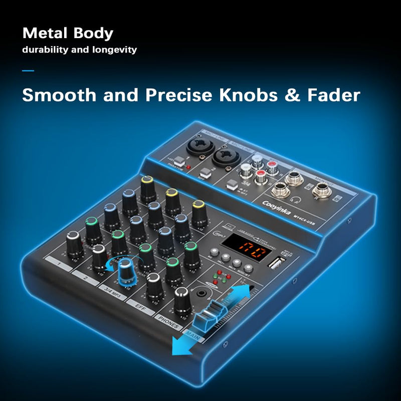 Dj Mixer, Audio Mixer for PC 4 Channel Bluetooth Sound Board with USB Interface, Cooyinka Mixer Audio Built-in 48V Phantom Power Sound Card for Live Streaming, Podcasting/Black