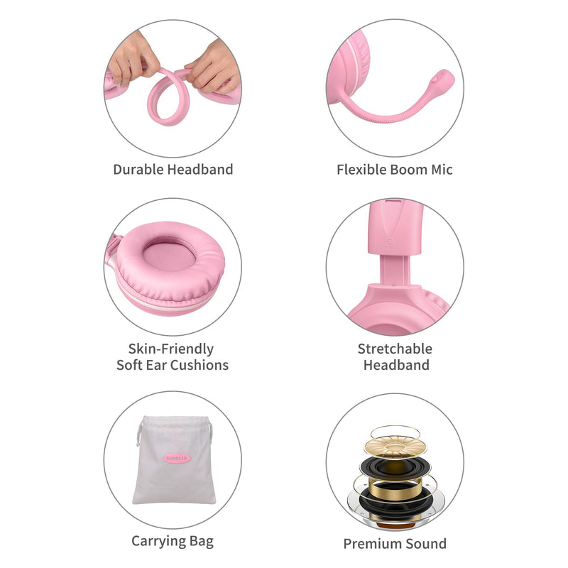 SIMOLIO Kids Headphones with Microphone for School, 75/85/94 dB Wired Headphones with Built-in MIC or Boom Mic for PC, Laptop, Gaming, Over Ear Pink Stereo Corded Headset for Girls, Children, Students