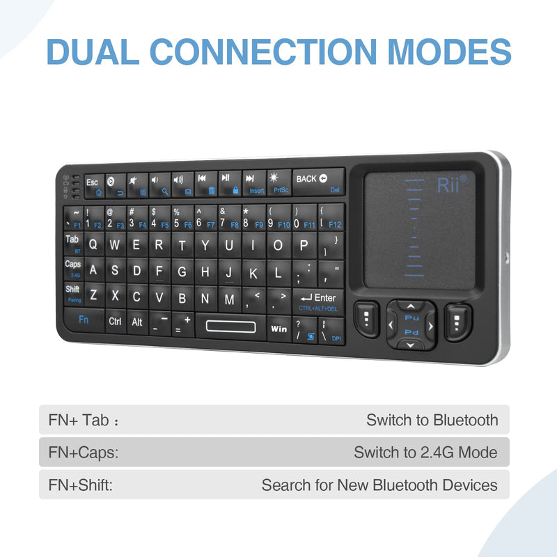 Rii K06 Mini Bluetooth Keyboard,Backlit 2.4GHz Wireless Keyboard with IR Learning, Portable Lightweight with Touchpad Compatible with Android TV Box/Mac/Windows/HTPC/IPTV (2.4G and Bluetooth)