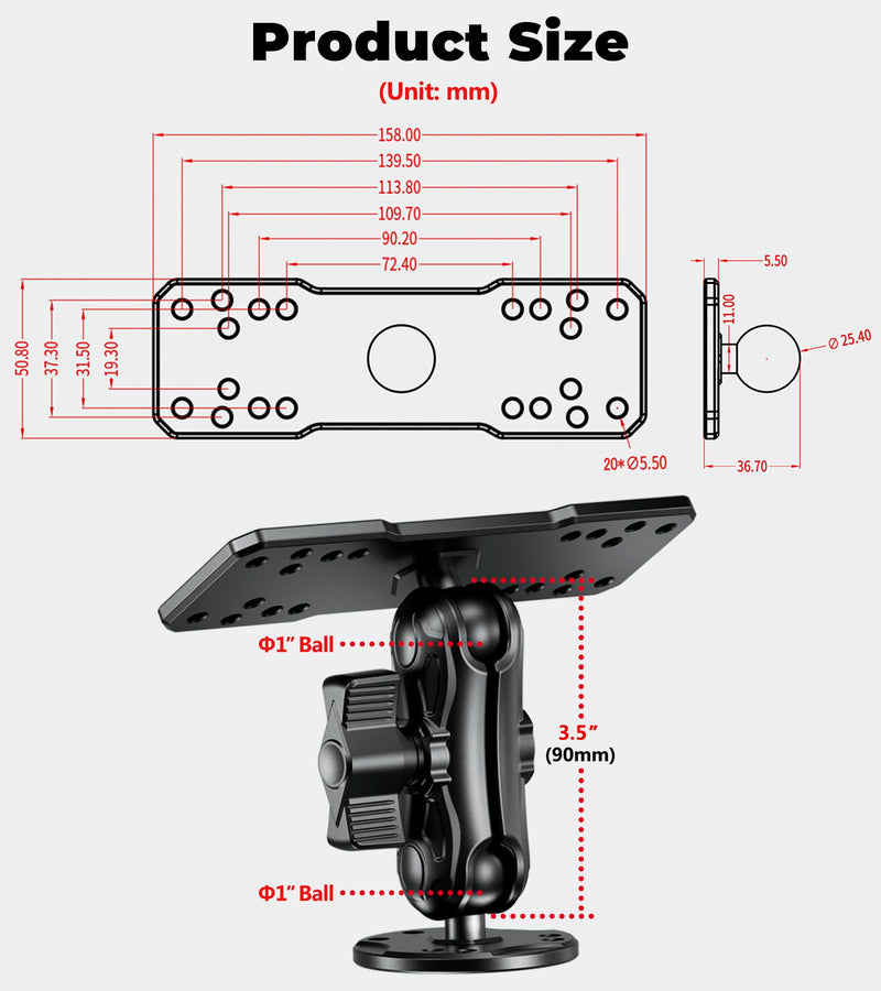 VAZESWIN 1" Ball Aluminum Alloy Fish Finder Mount with 3.5" Medium Arm | Universal AMPS Rectangular Plate, Round Base, Marine Electronic Mount Compatible with Garmin, Lowrance, Humminbird, Raymarine