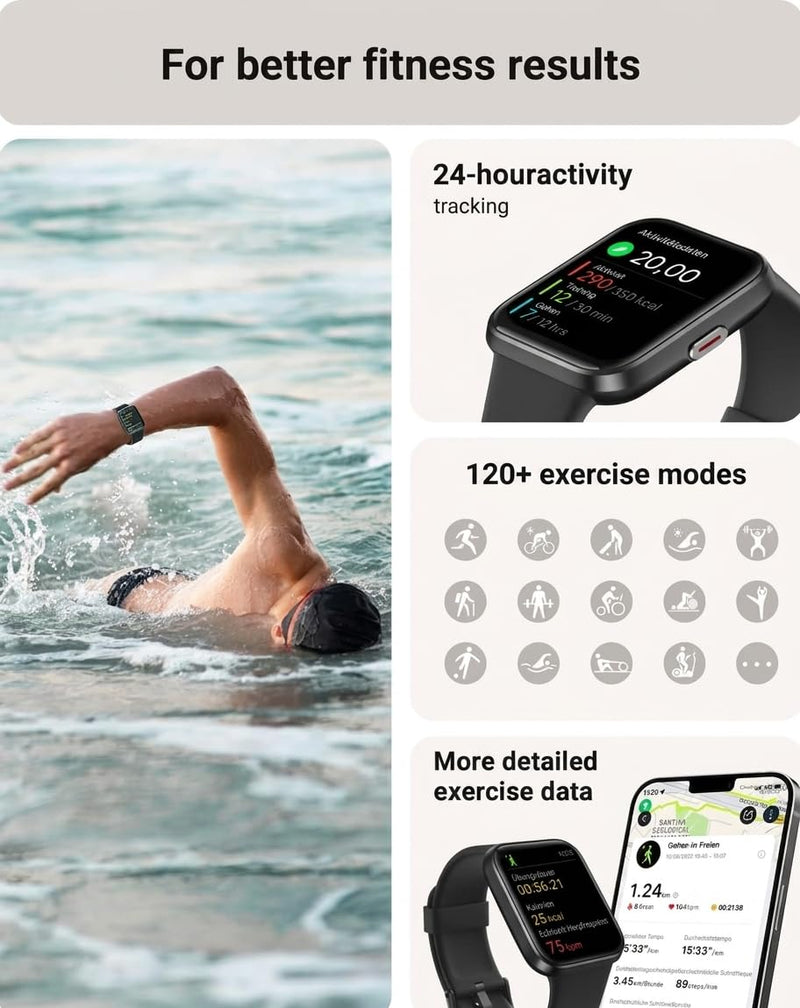 Tensky Smart Watch for Men/Women Android/iPhone/Samsung, Alexa Built-in, 1.8" Touch Screen Fitness Tracker with Answer/Make Calls, 3ATM Waterproof Heart Rate/Sleep/SpO2 Monitor, 120+ Sport Modes Black