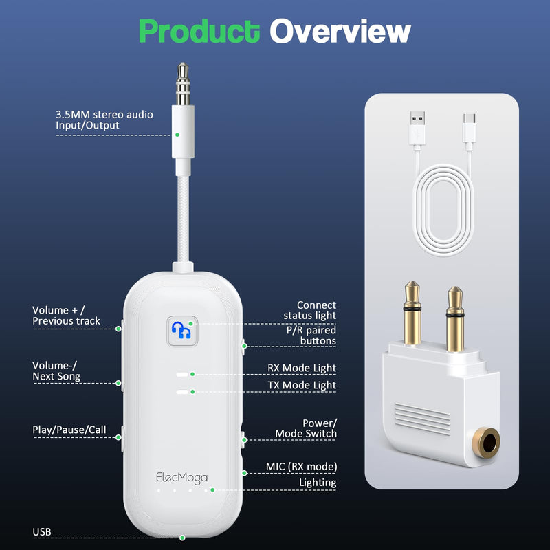 2025 Upgraded Airplane Bluetooth 5.4 Transmitter with aptX Adaptive, ElecMoga Airplane Travel Essentials Supports 2 AirPods or Headphones, 2-in-1 AUX Wireless Transmitter Receiver for TV, Car, White Pure White