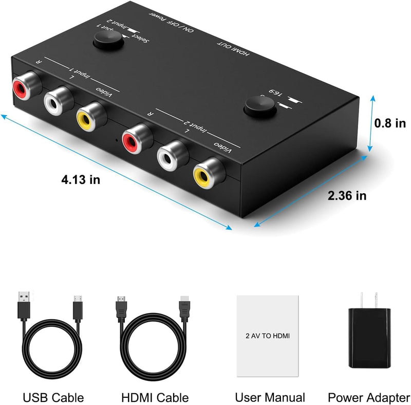[AUSTRALIA] - Dingsun 2 Port AV to HDMI Converter, RCA to HDMI Adapter Support 16:9/4:3 Compatible with WII, N64, PS2, VHS, VCR DVD Players etc 2Port RCA to HDMI Converter 