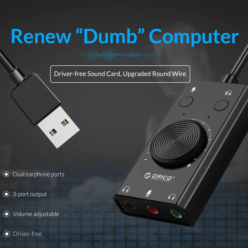 Docooler External Sound Card, USB Audio Adapter External Stereo Sound Card with Microphone Jack & 3.5mm Headphone, Sound Card with Volume Control, USB Multifunction Drive for PC, Laptop - Black