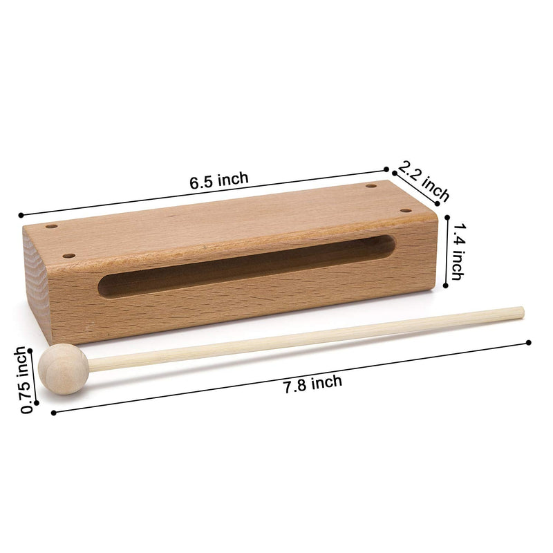 Wood Block Musical Instrument with Mallet Solid Hardwood Percussion Rhythm Blocks