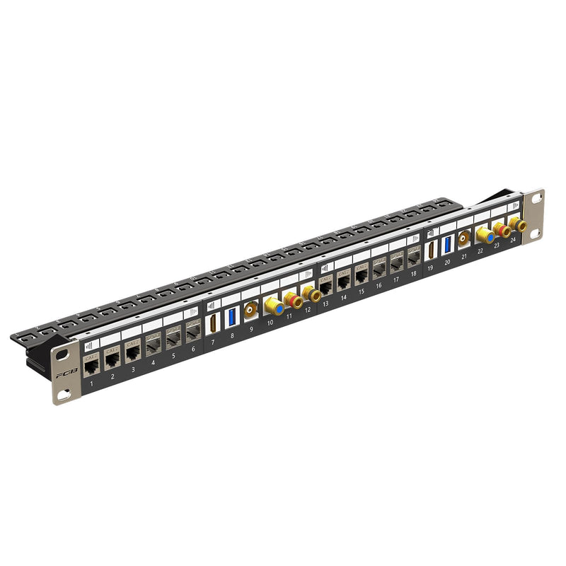 FGB 1U Patch Panel 24 Port for Keystone Modules with 12 Pieces Blank Keystone Inserts, 19 Inch Rack Installation or Wall Mounting Patch Panel with Rear Strip, Compatible CAT5 CAT6 CAT7 CAT8 Network