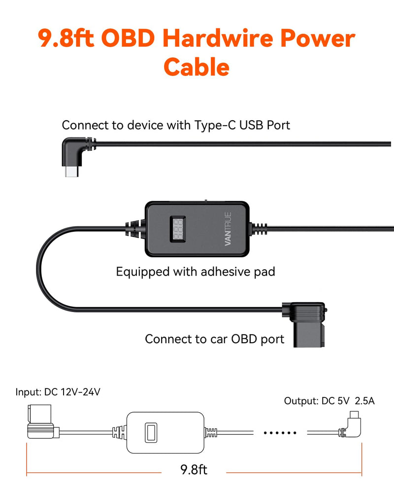 VANTRUE 10ft USB-C USB LED Screen OBD Hardwire Power Cable, 3 Gear Shifting, Low Voltage Protection for Parking Mode, for E1 Pro,N4 Pro S,N5(S),N4(S),S1 Pro(Max),N2X,E360/ACE,E1 Lite, E2 Dash Cam