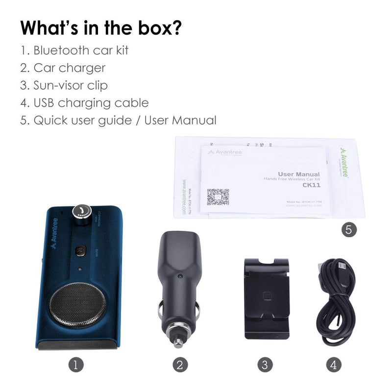 Avantree CK11 Bluetooth 5.0 Hands Free Cell Phone Car Kit, 3W Loud Speakerphone, Support Siri Assistant, Motion AUTO ON, Volume Knob, Wireless in Car Handsfree Speaker with Visor Clip – Blue