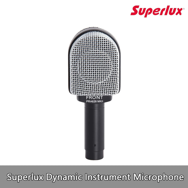 Superlux PRA628MKII Professional Dynamic Instrument Microphone, Wired Super-Cardioid Mic for Guitar/Bass Amps & Live Sound. Recording for Studio and Live Performance, Road-Ready with Clamp & Bag