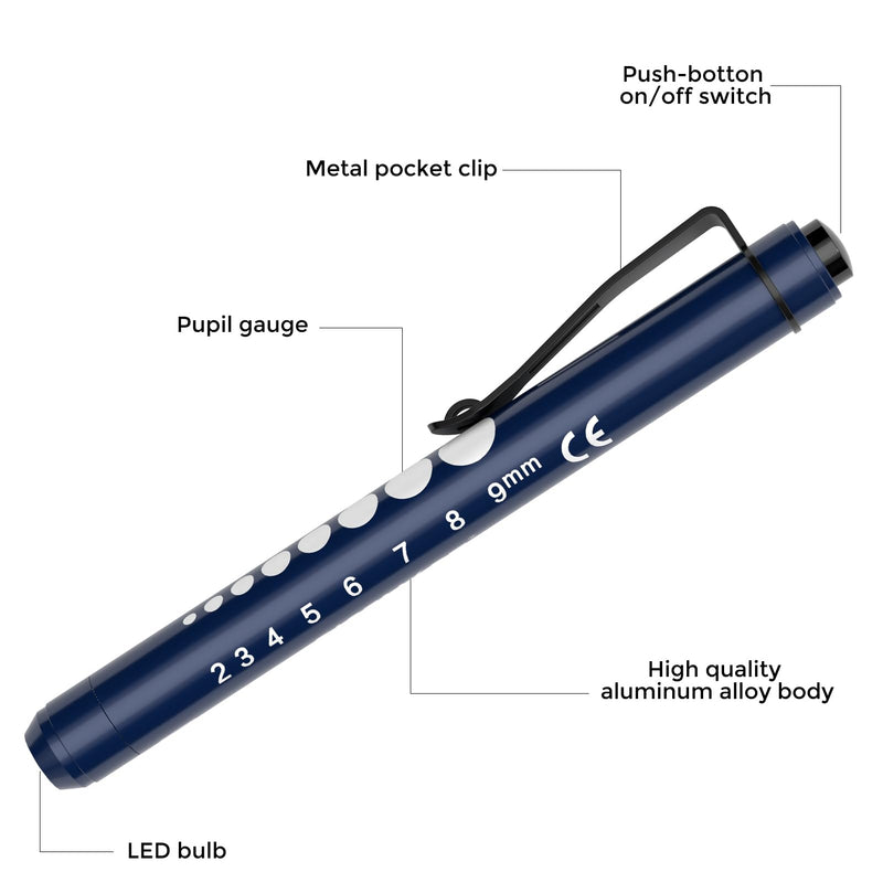 Diagnostic Light Pupil Light, RISEMART Pack of 2 Reusable LED Pen Lamp with Pocket Clip as Nurses Doctors Students Pen Light (Dark Blue and Black) Dark blue and black