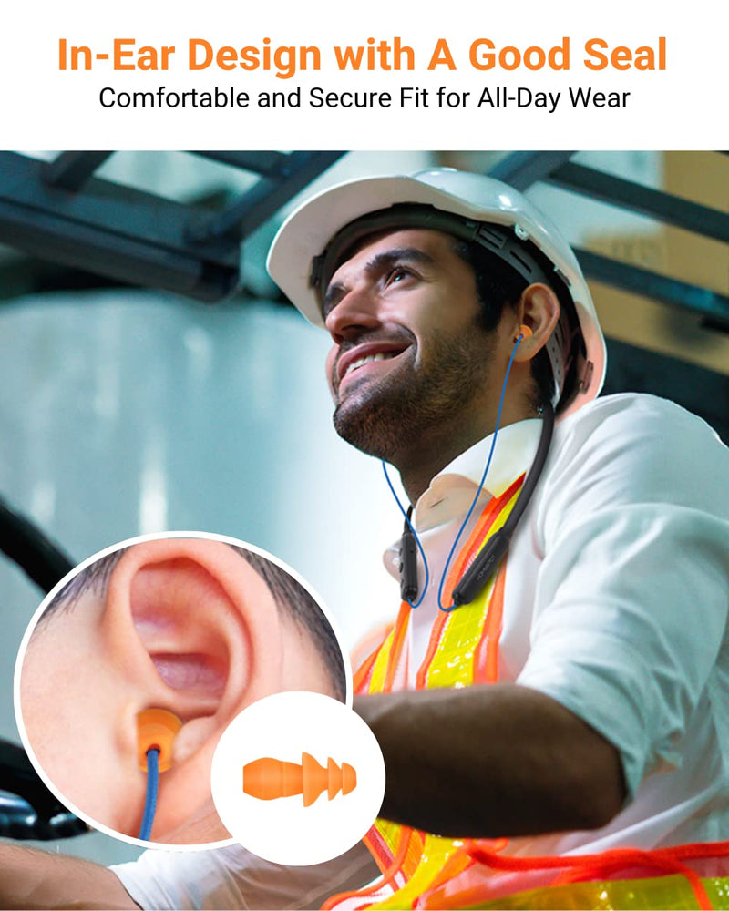 Bluetooth Work Headphones, OSHA-Compliant, 27dB NRR, 24H Playtime | Noise-Reduction Safety Earbuds | Bluetooth 5.4, 100 ft | aptX HD | Soft 3-Flange Silicone Ear Tips | Blue-Orange Blue with Orange