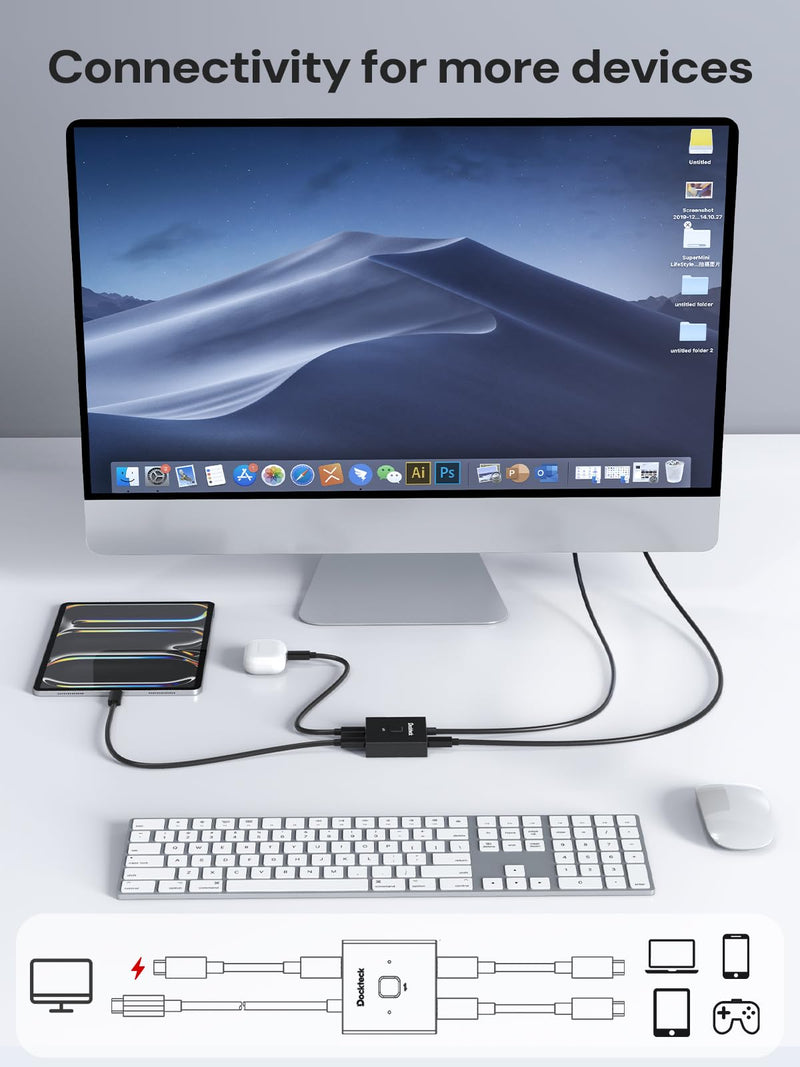 Dockteck USB C Switch, Bi-Directional Switcher，1 in 2 Out/2 in 1 Out with 10Gbps Transfer Speed and 100W PD Charging,USB Switch with 4K@60Hz,1.9FT USB-C Cable for Printer, Laptop,Scanner