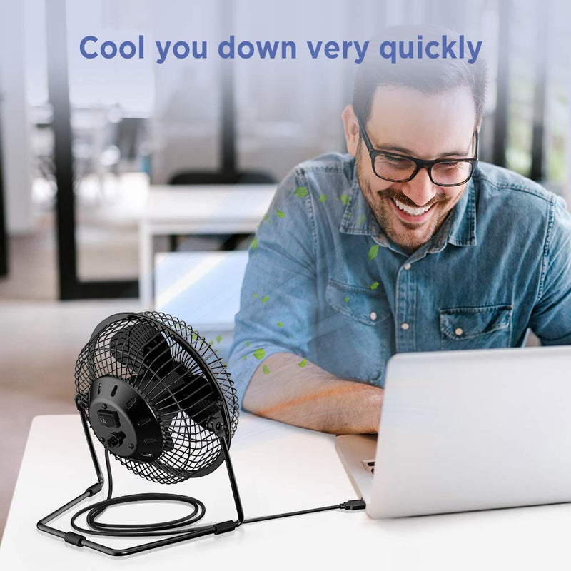 EasyAcc 6 Inch USB Desk Fan, [ Small Quiet Powerful Metal Fan ] USB Powered Portable Fan, Strong Airflow& 360°Rotation Personal Table Cooling Fan with 2 Speed - Black (USB POWERED ONLY) 6" USB Fan