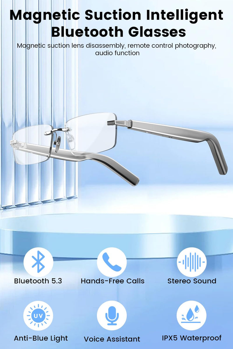 Lightweight Rimless Smart Glasses with Self-Tinting Lenses - Bluetooth Open-Ear Audio, No Camera for Privacy, All-Day Comfort