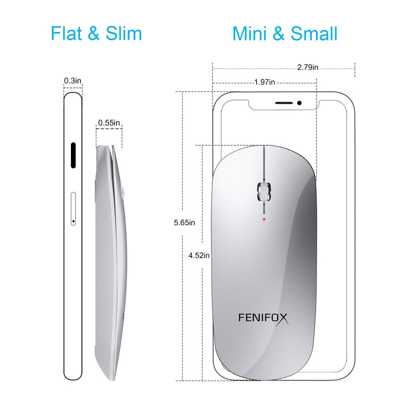 Bluetooth Mouse, FENIFOX Slim Mini Portable Flat Travel Wireless Mouse Rechargeable Quiet Ultra-Thin Mice Compatible with Laptop,Tablet,Notebook,PC (Silver and White) Silver