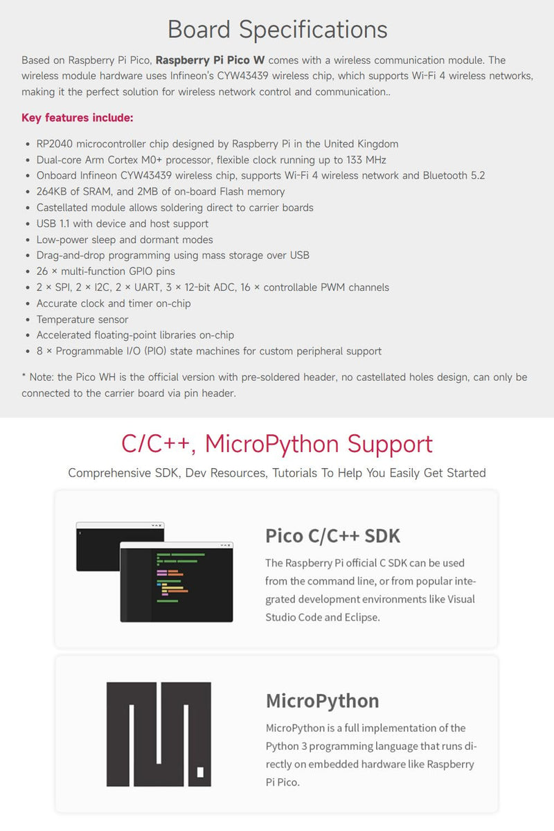 Pre-Soldered Raspberry Pi Pico W RP2040 Microcontroller Board Mini Board Kit Based on Raspberry Pi RP2040 Dual-Core Processor, Built-in WiFi, Support C/C++/Python