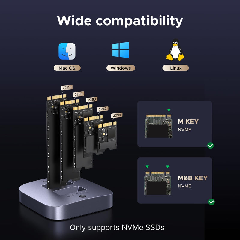 UGREEN 20Gbps Cloner, M.2 Duplicator Dual Bay NVMe Enclosure | Tool-Free USB3.2 Gen 2X2 to USB Adapter M.2 Docking Station for M Key PCIE NVMe SSD Reader Supports Offline Clone Up to 16TB