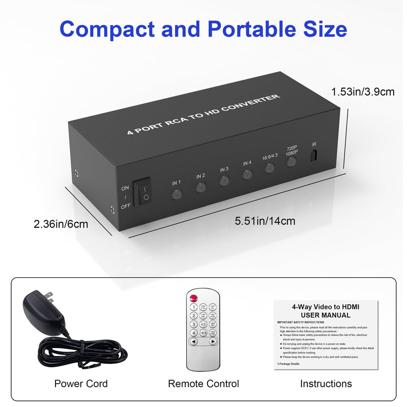 4 Port RCA to HDMI Converter AV to HDMI Adapter - 1080P/720P Red White Yellow Composite Component to HDMI Converter for TV/AUX/N64/PS2/PS3/VHS/VCR/DVD Players, Support 4:3/16:9 RCA Switch(With Remote)