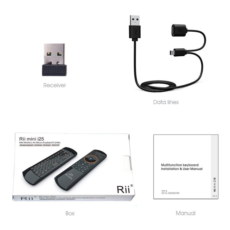 Rii K25 Multifunction Portable 2.4GHz Mini Wireless Fly Mouse Keyboard and Remote Control with Rechargeable Li-ion Battery (Black)