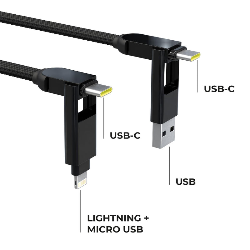 Rolling Square inCharge XL 1ft + 6.6ft Bundle - 6-in-1 Universal Charging Cables, USB-C, Lightning, USB-A and Micro USB, 100W Ultra-Fast Charging Power, Black