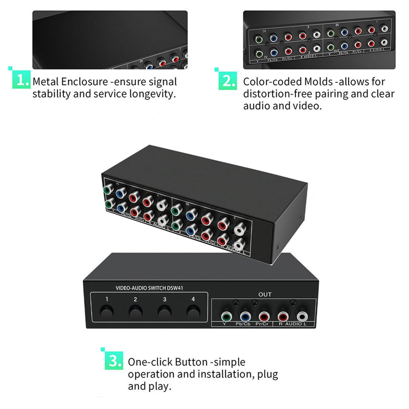 [AUSTRALIA] - Component AV Video Switch Box 4 in 1 Out, BolAAzuL 4 Port 5 RCA YPbPr Cable RGB Component AV Switcher Selector Converter 4-Way Plug & Play for Retro Gaming PS2 Wii Xbox DVD Player TV 4X1 Switch 