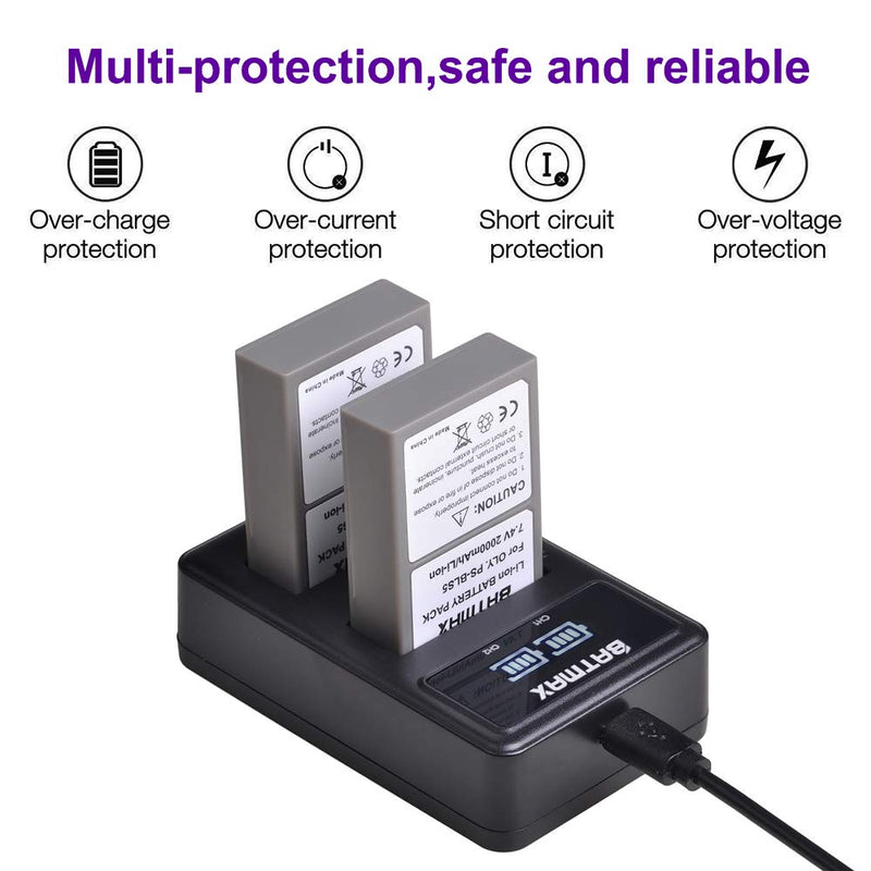 Batmax 2000mAh 2Pcs BLS-5 BLS-50 PS-BLS5 Battery + LED Dual USB Charger for Olympus BLS-5 E-PL2,E-PL5,E-PL6,E-PL7,E-PL8, E-PL9, E-PL10,E-PM2,OM-D E-M10,E-M10 Mark II,III,E-M10 IV,Stylus1 Cameras