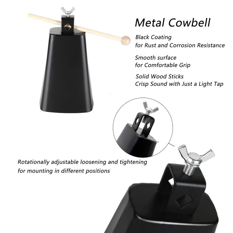 7 Inch Large Cow Bell Noise Makers, Metal Cowbell with Handle and Stick, Hand Percussion Music Cowbell for Sporting Events, Drum Set, Church, Weddings, Beautiful Clear Tapping Sound (Black)