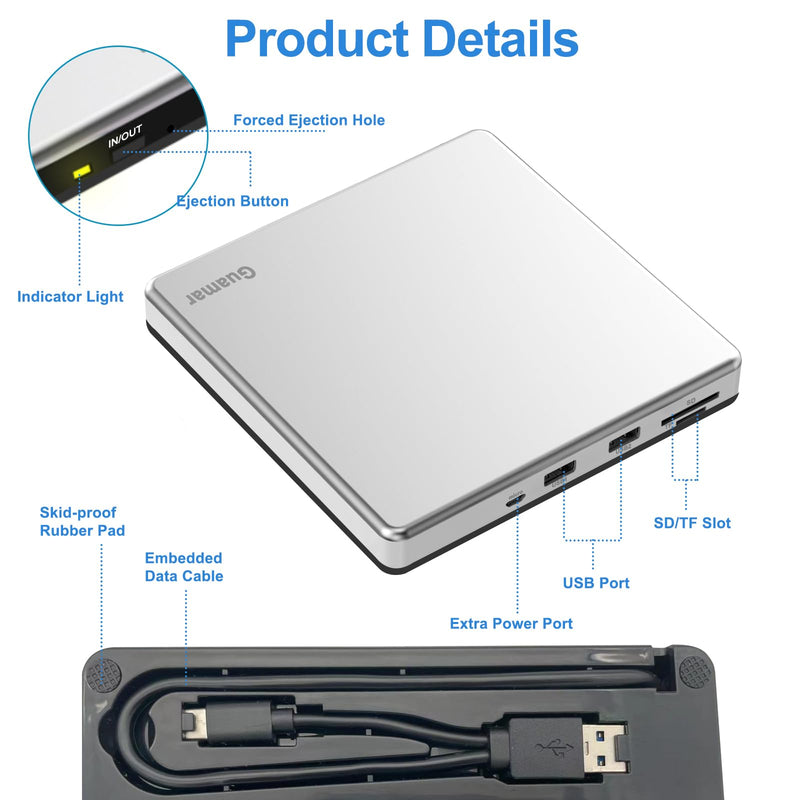 [AUSTRALIA] - Guamar External CD Drive for Mac: Portable DVD Burner Player for Laptop PC Windows 11 with SD/TF Slot 2 USB Ports - USB-C Superdrive for Apple MacBook Plug & Play (Silver) White 