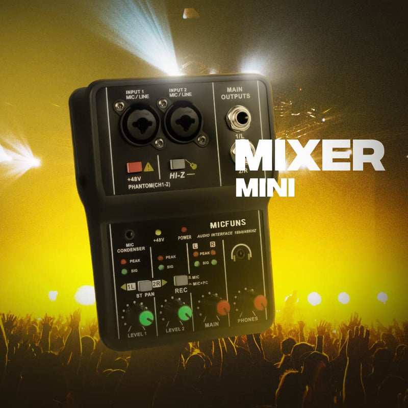 [AUSTRALIA] - Mini 2 channel audio DJ mixer console interface with 48V phantom power Combo Jack Microphone/Guitar XLR+6.35mm, 3.5mm Stereo in, Headphone Jack for studio live show,party recording 