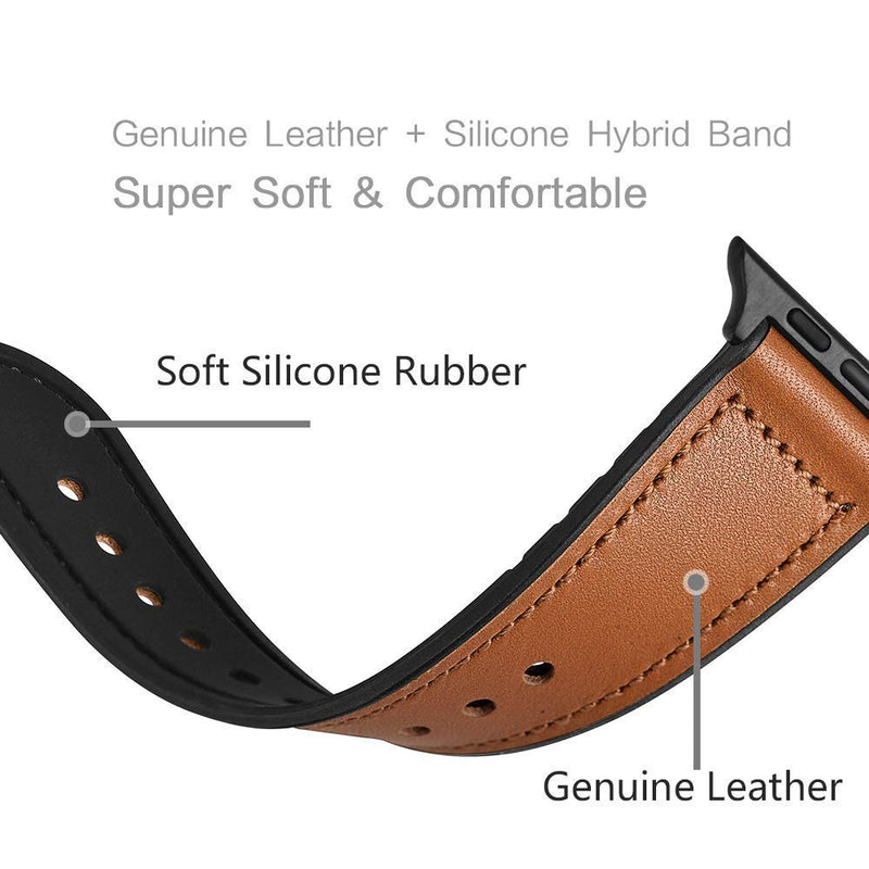 OUHENG Compatible with Apple Watch Band Sweatproof Genuine Leather and Rubber Hybrid Band 41mm 40mm 38mm Brown & Light Brown