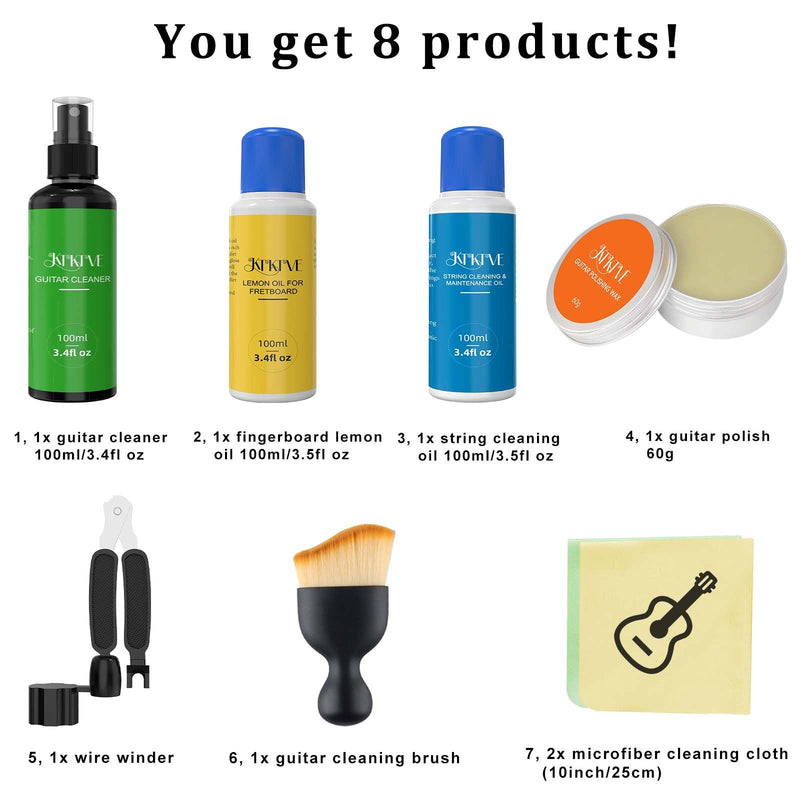 Guitar Cleaning Kit – 8-Pack Complete Care Set with Innovative Sponge Applicator | Guitar Cleaner, Lemon Oil(fretboard oil), Polish Wax, String Cleaner, Winder, Brush & Microfiber Cloth Sponge Tip