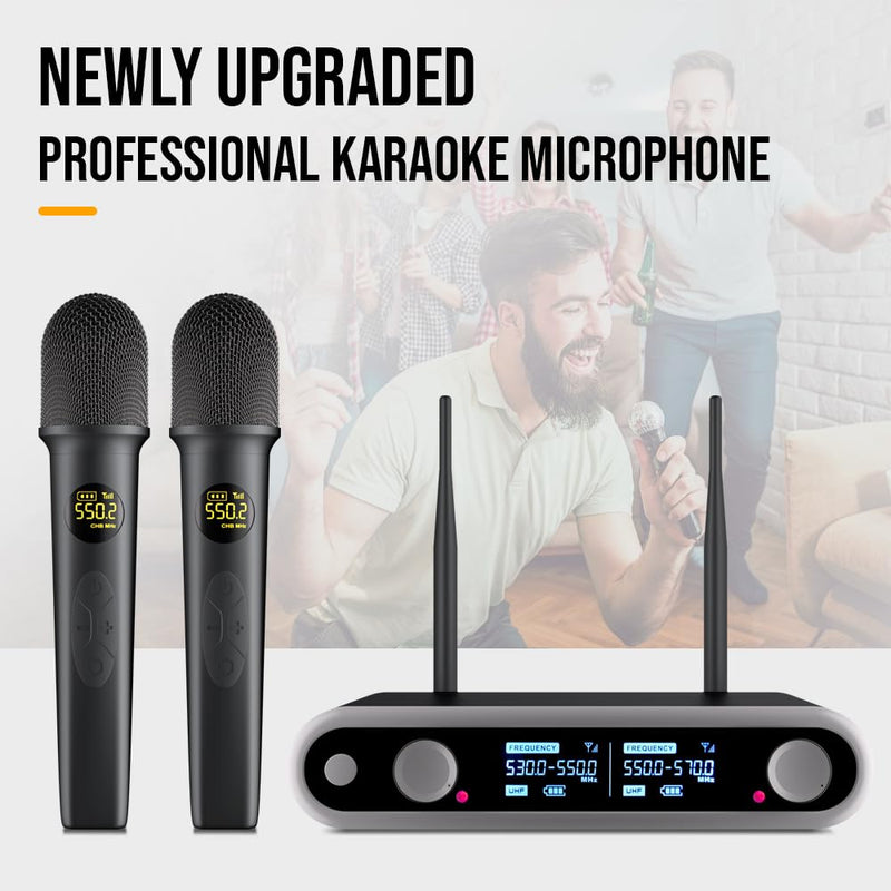 [AUSTRALIA] - NG-88 2-Channel Wireless Microphone System, VHF Fixed Dual Band Wireless Kit with 2 Handheld Dynamic Transmitter Microphones and Receiver Base, for Sing, Wedding, DJ, Party, Black 