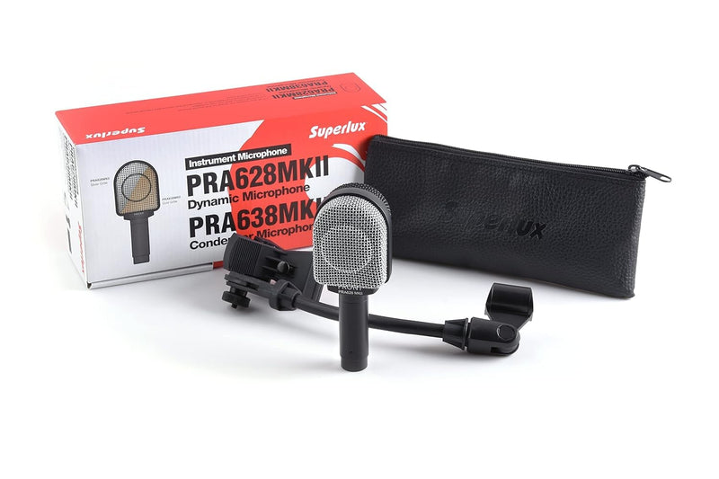 Superlux PRA628MKII Professional Dynamic Instrument Microphone, Wired Super-Cardioid Mic for Guitar/Bass Amps & Live Sound. Recording for Studio and Live Performance, Road-Ready with Clamp & Bag