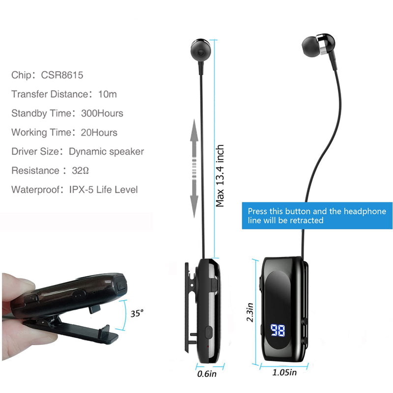 [AUSTRALIA] - Retractable Wireless Headset Headphone Stereo Earphone V5.0 Noise Cancelling Mic Clip on Earpiece Comfortable HandsFree Headset 20Hrs Talking Time Sports Business Trucker Driver Earbud Light Gray 