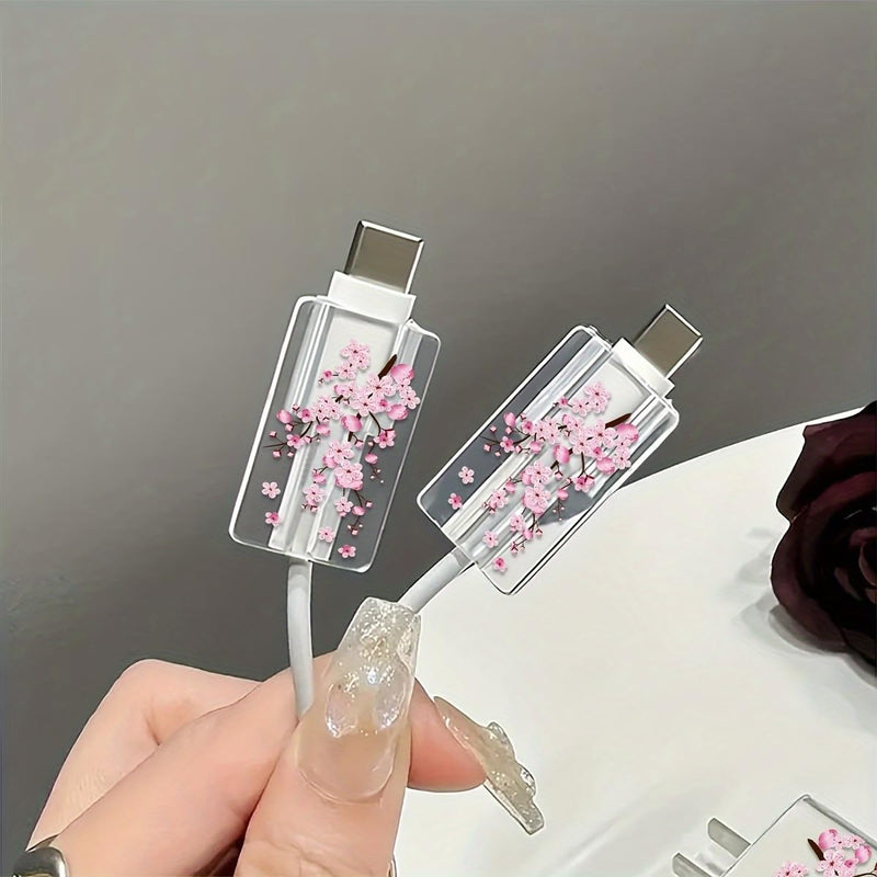3 Pack Charger Protector Set Pink Peach Blossom Pattern Transparent TPU Cable Case for iPhone 18W 20W Home Travel Office, Pink Peach Blossom 3pcs/1set