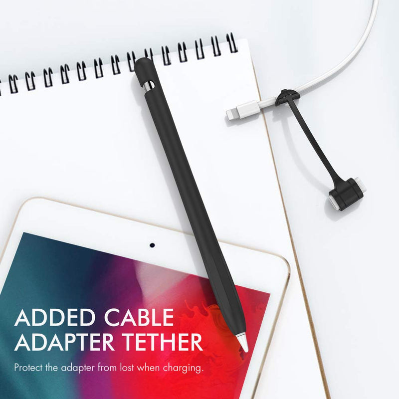 AhaStyle Anti-Slip Case Sleeve Silicone Protective Skin [ Added Cable Adapter Tether Kit] Compatible with Apple Pencil 1st Generation 1 Pack Black