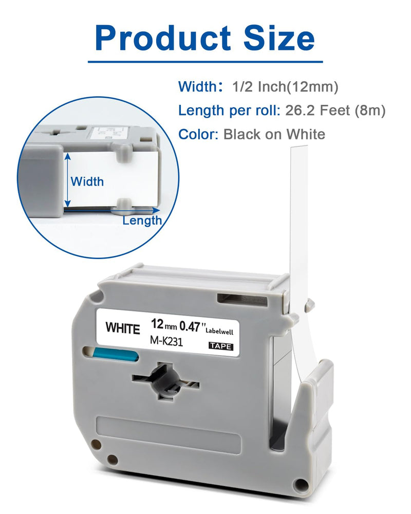 [AUSTRALIA] - M-K231 Tape Replacement for M-K231s Brother Label Tape 12mm 0.47 Inch MK231 M231 MK231s Work with PTouch PT-M95 PTM95 PT-65 PT-45 PT-70BM PT-80 Label Maker (4-Pack, Black on White) 4 