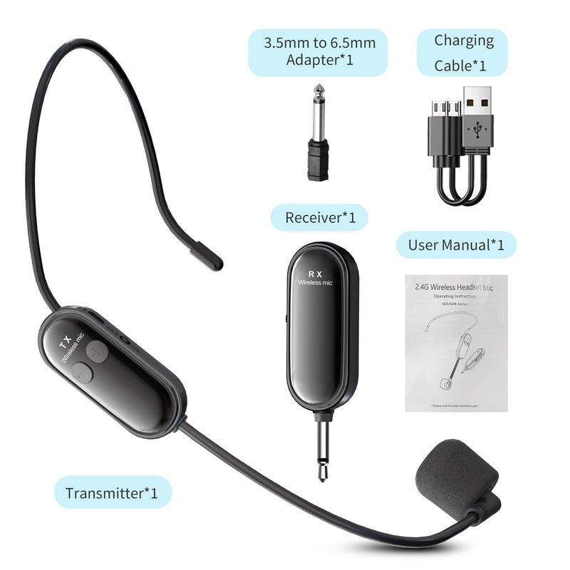 XIAOKOA Wireless Microphone Headset, 2.4G Head Microphones System, USB-C Charging, 100 Feet Range, for Teaching Fitness Instructor Tour Guide