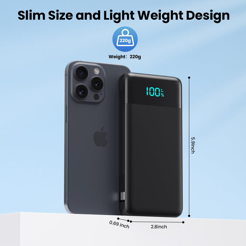 Portable Charger for iPhone with Built in Cables and Wall Plug,Upgraded 13800mAh Fast Charging USB C Power Bank,4 Outputs Travel Essential Battery Pack Compatible with iPhone 16/15/14,Samsung,Android Black