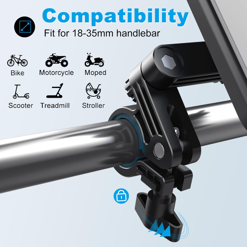 Bike Phone Holder Waterproof, Motorcycle Phone Mount, iPhone Bike Handlebar Mount, Double 360°Rotations, Compatibility with 18-35mm Handlebar and Suitable for 4.7-6.8 inch Smartphones