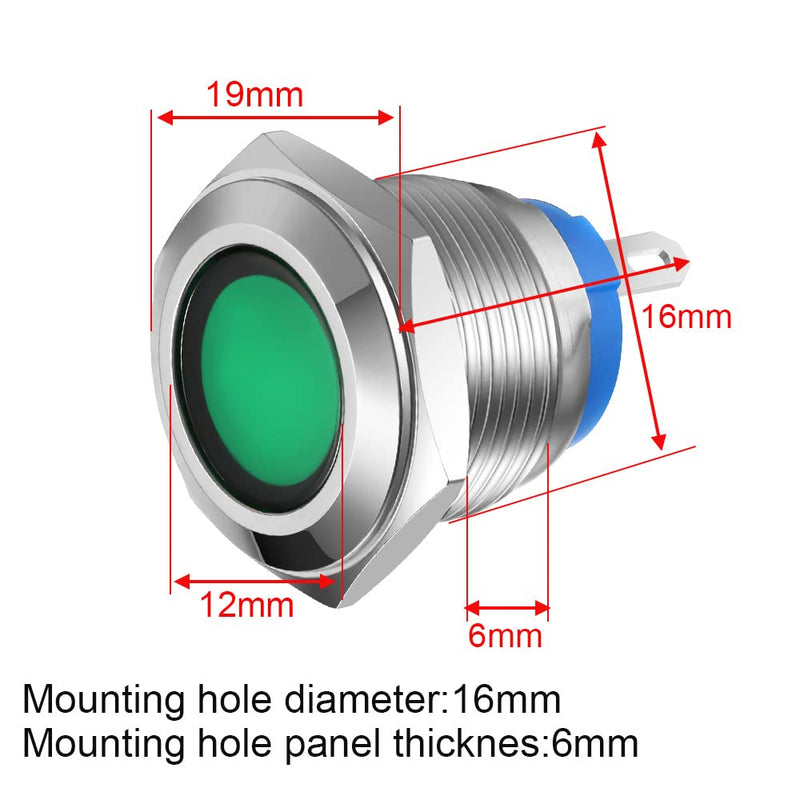 Gebildet 5pcs 16 mm AC/DC 12-24V Nickel-Plated Copper Waterproof Soldering Type LED Indicator Light (Green) Green