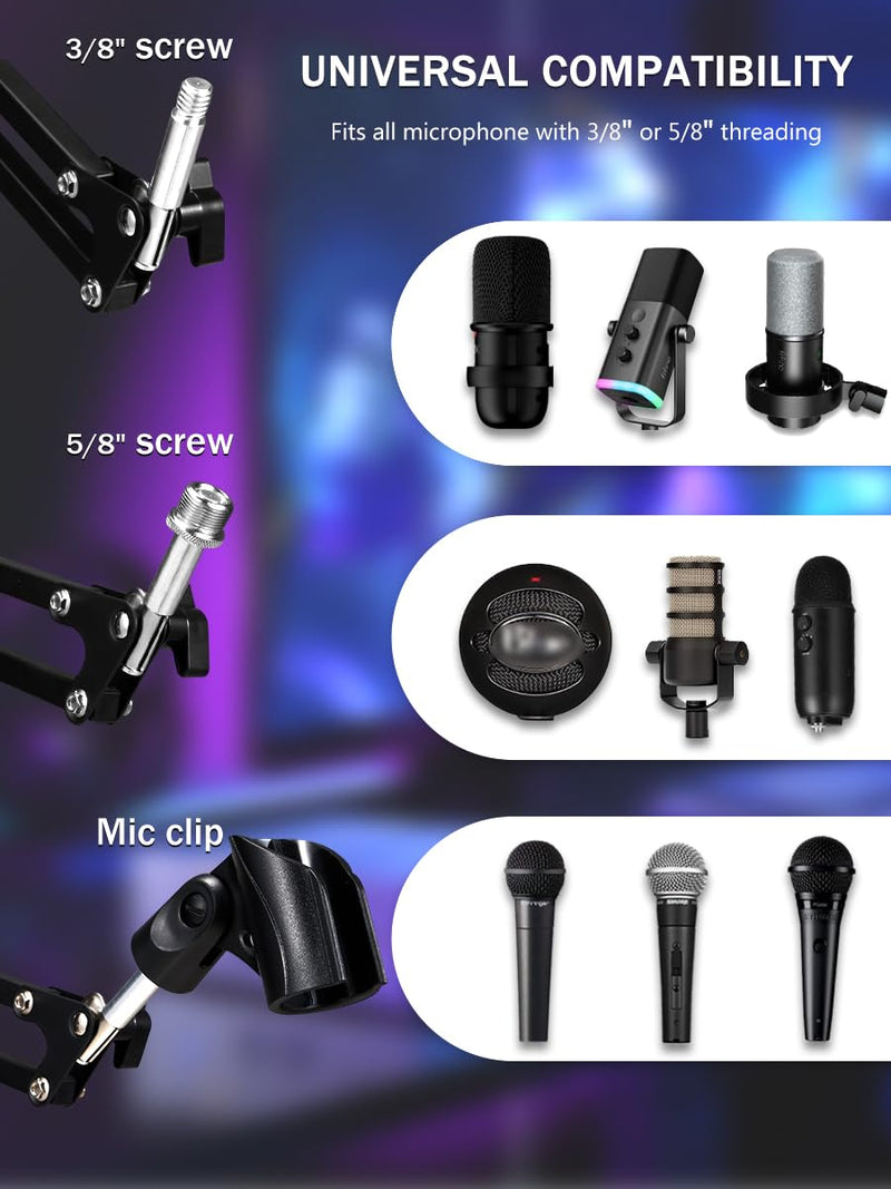 Microphone Boom Arm, Adjustable Suspension Boom Scissor Arm Stand with Heavy Duty Clamp, Pop Filter and Mic Clip Compatible with Yeti, QuadCast Snowball.