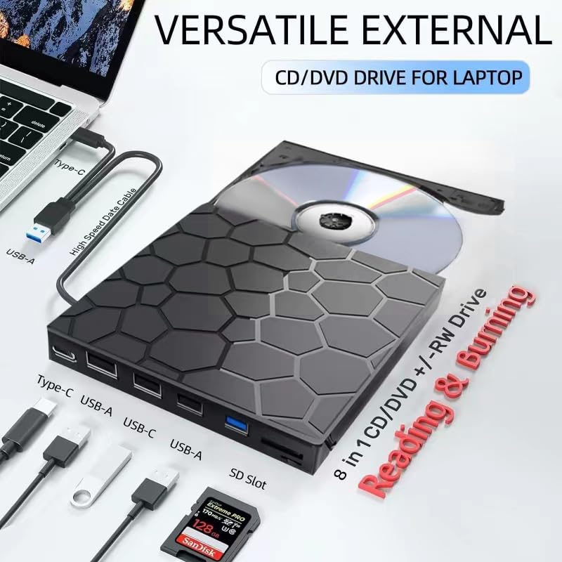 [AUSTRALIA] - External CD/DVD Drive for Laptop, Portable DVD Player for Laptop, 8 in 1 USB 3.0 CD/DVD-ROM +/-RW CD Burner,cd Drive External USB cd Reader Compatible with Desktop Mac,Windows 11/10/8/7 Linux 