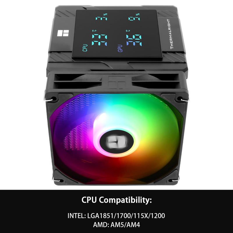 Thermalright TR Peerless Assassin 120 Digital ARGB Black CPU Cooler, Double 120mm PWM Fans with 1850RPM Speed, Support Intel lga1700/1851/115X,AMD:AM4/AM5,Computer CPU Cooling,Digital Screen Top Cover