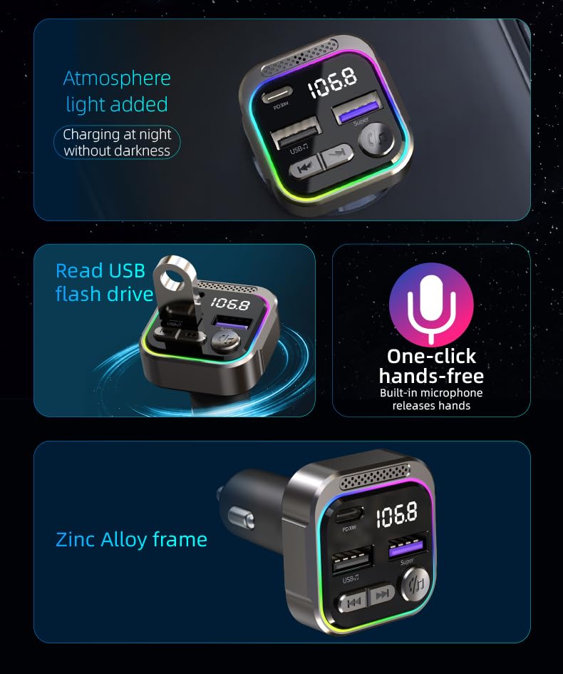 TRON Bluetooth 5.3 FM Transmitter Car Adapter 48W (PD30W +18W USB) Fast Charger, with Mic, Light Switch, HiFi Bass Sound, Audio Receiver Wireless Radio MP3, Hands-Free Calling, Support USB Drive, TR43