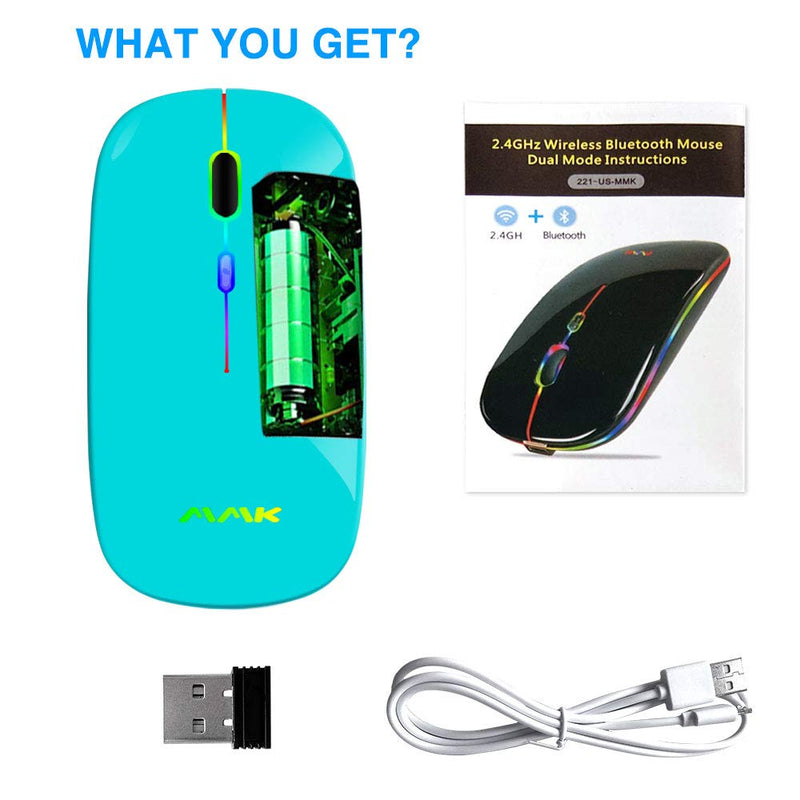 Wireless Bluetooth Mouse for Laptop, Rechargeable Mouse 2.4G USB Optical Wireless Mouse, LED Slim Dual Mode(Bluetooth 5.0 and 2.4G) Wireless Mouse for Laptop, PC, Mac OS , Android , Windows (Seafoam) Seafoam