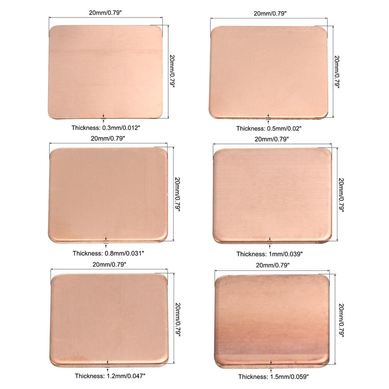 QUARKZMAN Heatsink Copper Pad Disc 20 mm x 20 mm 0.3 mm/0.5 mm/0.8 mm/1 mm/1.2 mm/1.5 mm Thermally Conductive Heatsink for Electronics Chip Cooling Set of 2